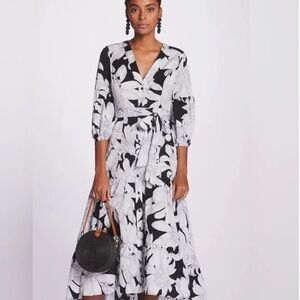 Anthropologie Maeve Puff-Sleeved Floral Midi Dress 12P‎ Preppy Vacation Travel